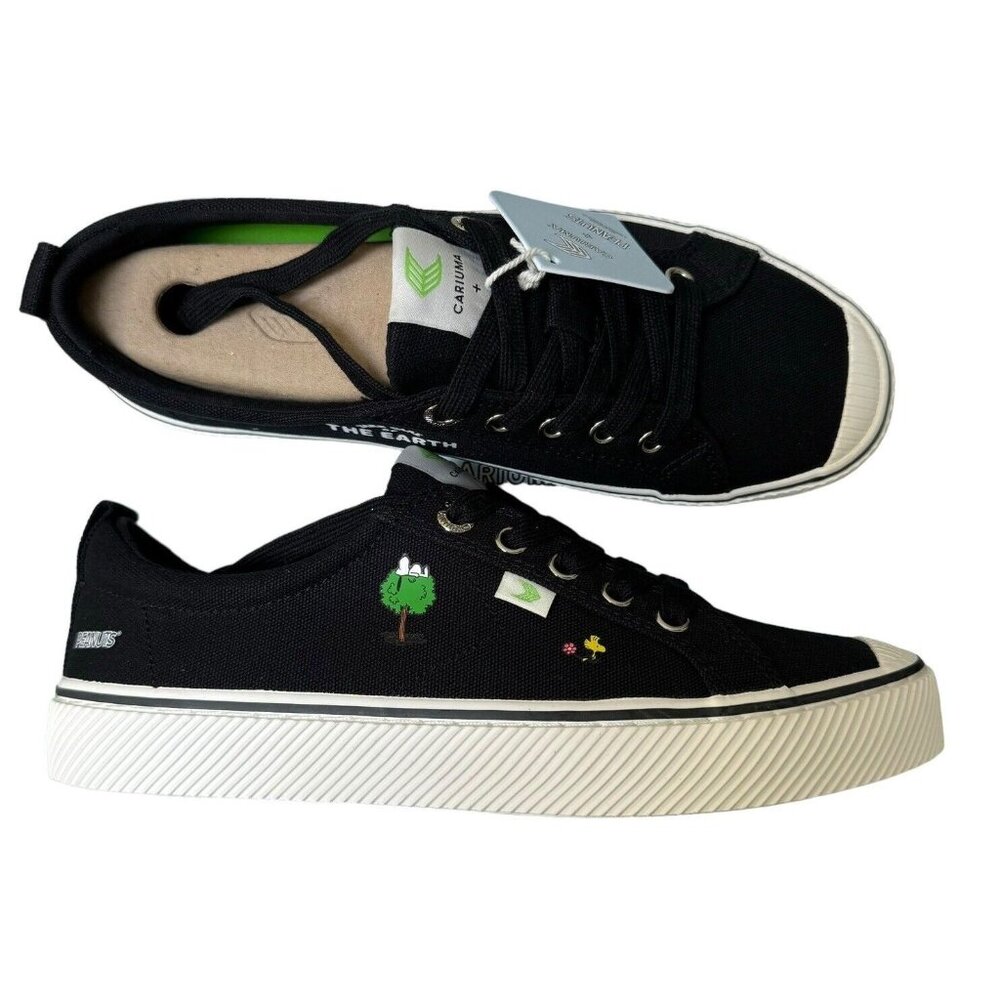 Cariuma Sneakers Peanuts OCA Low Earth Day Black Men Sz 6.5 Women Sz 8 Snoopy